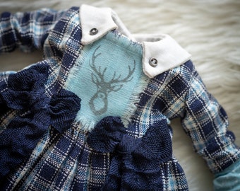 Blythe deer dress (Blue/white checked)