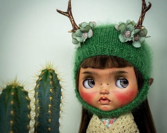 Blythe knitted Flower Deer Hat (green)