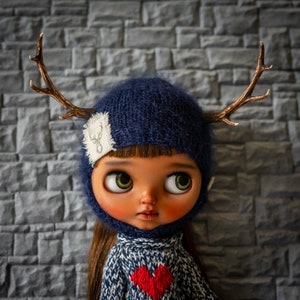 Knitted Deer Hat with big antlers Dark blue image 1