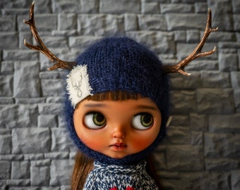 Knitted Deer Hat with big antlers (Dark blue)