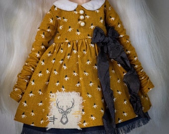 Blythe deer dress (mustard/grey)