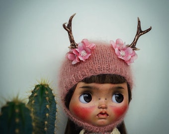 Blythe knitted Flower Deer Hat (pink)