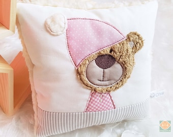 Kuschelkissen Schlafbär rosa 20x20cm / Babykissen / Schmusekissen / Namenskissen