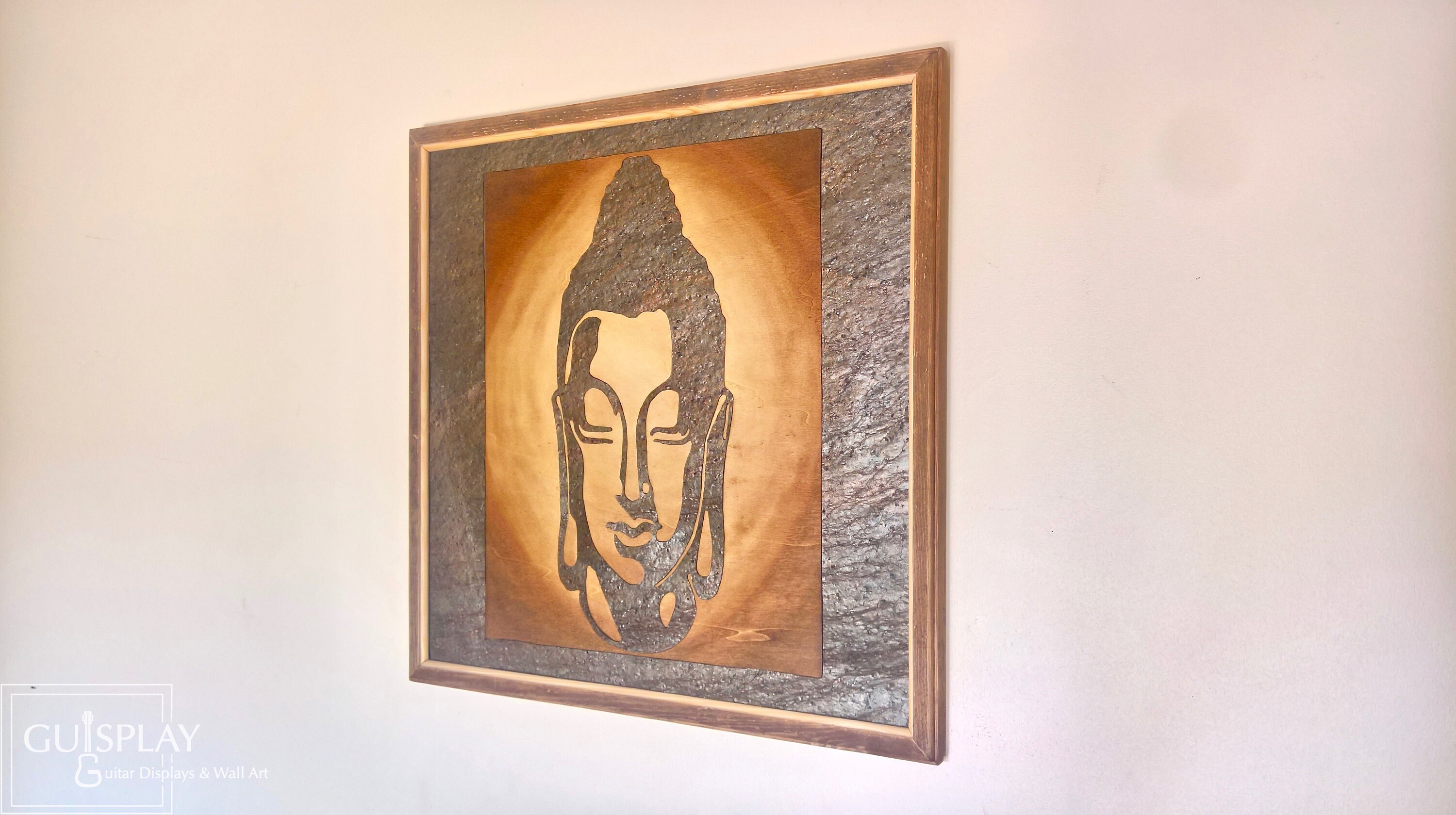 Bouddha Zen Face Meditation - Mix Wall Art Stone & Wood Marquetry 65x65 Handmade By Guisplay