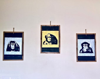 3 Wise Monkeys Tryptic Acrylic Painting on Slate - 3 x 48 * 33cm