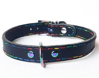 Rainbow themed; Thick leather collar, hand stitched, rainbow thread and hardware, super robust. Petplay / puppy gear / BDSM