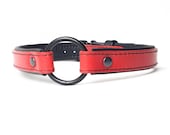 Leather collar, Elegant, narrow red and black with O ring, soft napa padding stitched, petplay, pup, kitten gear, day collar, BDSM, slave