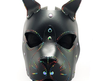 Cat mask, kitty mask, Leather, Handmade, Rainbow, stitching and Hardware, Kitten Play, Pet Play, Kitten mask, Therian mask