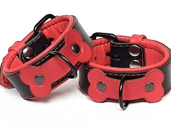 Leather Handcuffs, Pup Play Gear, Red and Black, padded with soft cattle nappa, Black hardware, D-Ring, with Vibrant Red Leather Bone