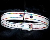Leather Collar, White, Rainbow, with, Pride Theme and, Rainbow Hardware, Lightweight, flexible, day collar, soft leather