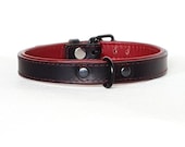 Leather collar, Minimalist, Delicate, narrow black and dark red Choker, with black hardware, pet play, BDSM gear, Day Collar, Kitten Play
