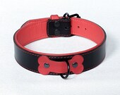 Pet Play, Pup Play Leather Collar, Black Choker and Red Lining, Leather. Red Bone D-Ring Attachment with optional bone or spike studs.