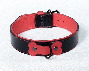 Pet Play, Pup Play Leather Collar, Black Choker and Red Lining, Leather. Red Bone D-Ring Attachment with optional bone or spike studs.