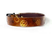 Leather Collar, Steampunk design, lined with purple goat skin, lockable buckle, painted detailed gold gearwheels. Day collar, bdsm