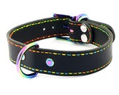 Leather Collar, Choker, Pride, Handmade, Rainbow Stitching, Rainbow Hardware, leather choker, pup play collar, BDSM, Pet Play, Puppy Play