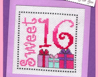 16th Birthday Card, Greetings Card, Female Birthday Card, Birthday Card for 16th birthday, Cross Stitch 16th Birthday Card