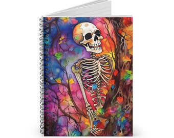 Halloween Skeleton Watercolor Art Journal Notebook | Skeleton Art Gift |  Ruled Line Spiral Notebook