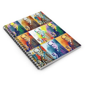 May include: A spiral bound notebook with a colorful collage of Sigmund Freud's face. The collage is made up of nine squares, each with a different color and a different image of Freud. The notebook is a great way to show your love of psychology and Freud's work.