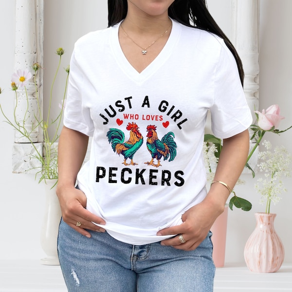 Girl Who Loves Peckers Chicken Farm T-shirt | Funny Chicken Lover Gift | Unisex Jersey V-neck T-shirt