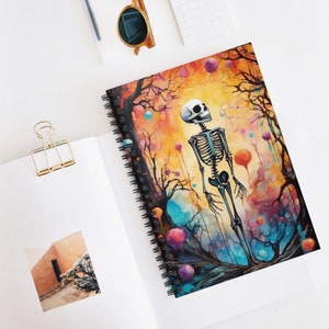 Halloween Skeleton Watercolor Art Journal Notebook | Skeleton Art Gift |  Ruled Line Spiral Notebook