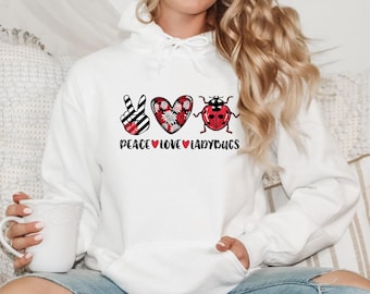 Peace Love Ladybug Gifts,  Insect Shirt, Lady Bug Nature Shirt, Unisex Hooded Sweatshirt