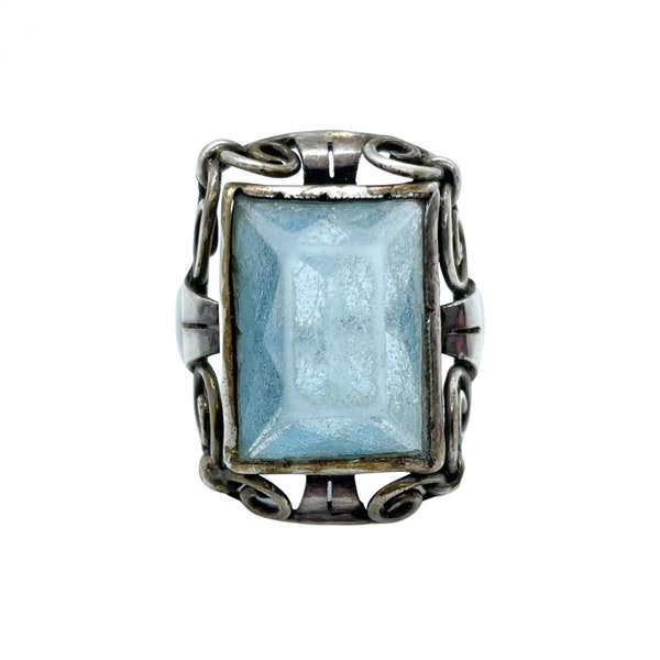 Antique Art Nouveau 835 Silver Aquamarine Paste Oversized Ornate Ring Size – L