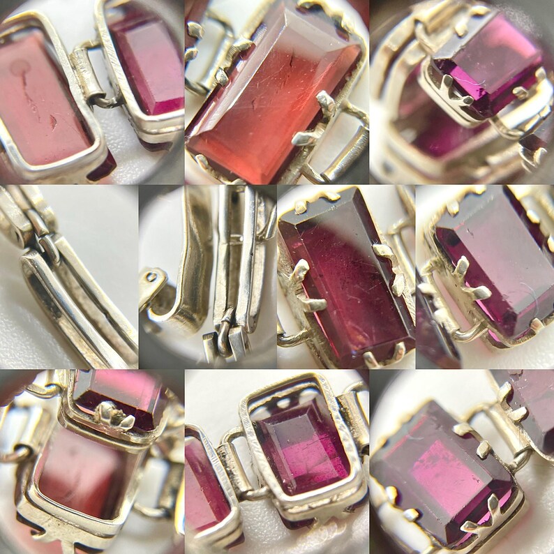 May include: A silver bracelet with a series of linked rectangular frames, each containing a deep red gemstone. The bracelet is made of polished silver and has a secure clasp.