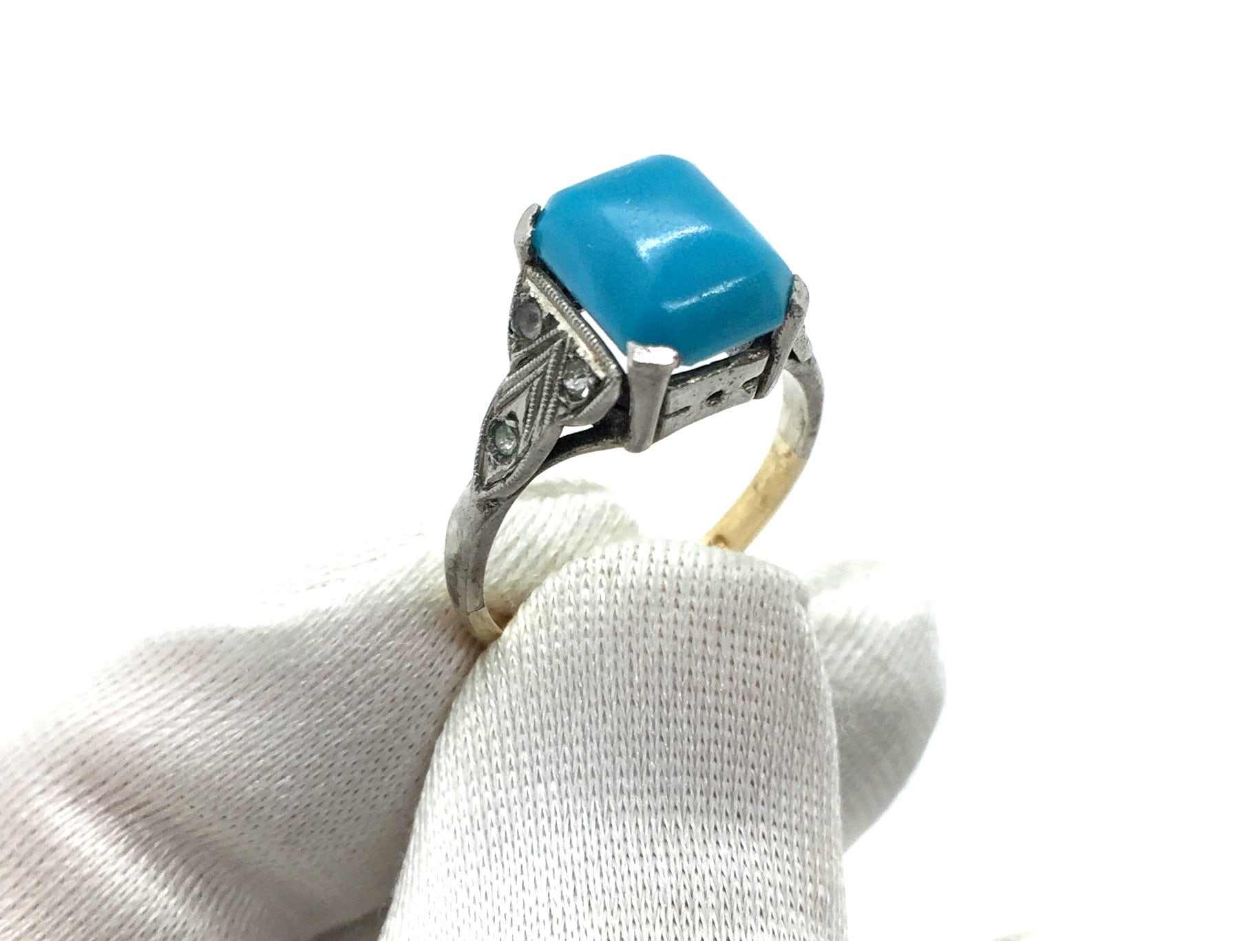 Antiker Art-Deco-9 Karat Gold & Silber Klar und Türkis Paste Stein Ringgröße - O