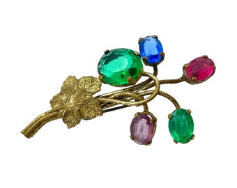 Antique Art Deco Gilded Brass Multi-Coloured Glass Flower Spray Pin Brooch