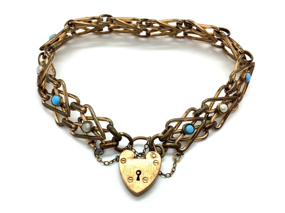 Antique Victorian Rolled Gold Turquoise & Pearl He