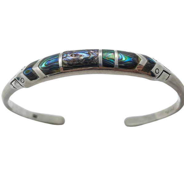 Vintage Mexican Sterling Silver Abalone Shell Inlay Small Cuff Bracelet