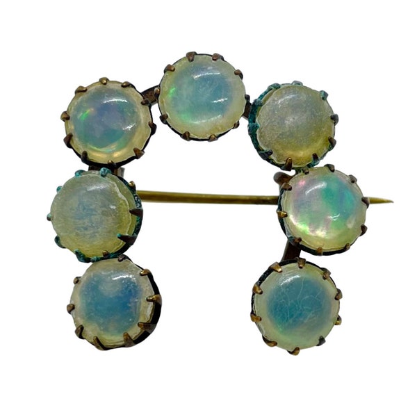 Antique Art Deco Gilded Brass Opal Paste Lucky Horseshoe Pin Brooch