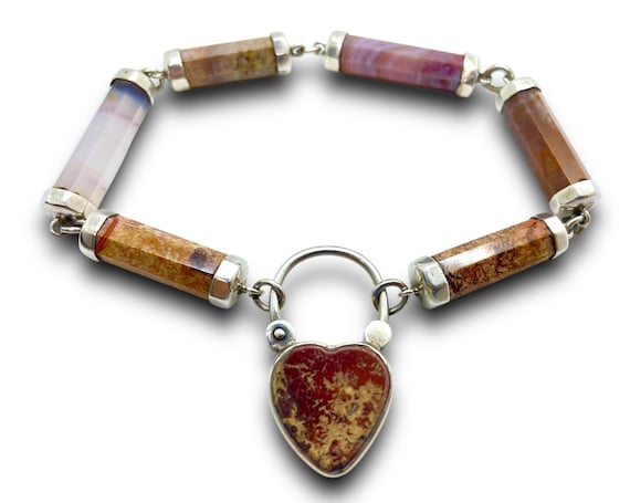 Antique Victorian Era Scottish Sterling Silver Agate Stone & Hair Heart Padlock Link Bracelet