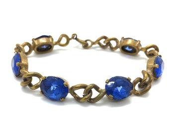 Antique Art Deco Era Costume Cobalt Blue Glass Curb Chain Bracelet