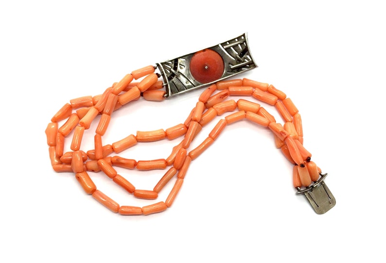 Antique French Art Deco Sterling Silver Paste Stone & Natural Coral Bracelet 画像 6