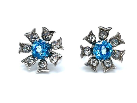 Antique Art Deco Sterling Silver Clear & Topaz Paste Flower Screw-Back Earrings
