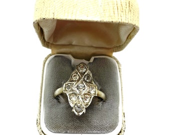 Anillo antiguo de la época eduardiana con pasta de diamantes transparentes bañada en oro, estilo marquesa, talla grande: X/Y