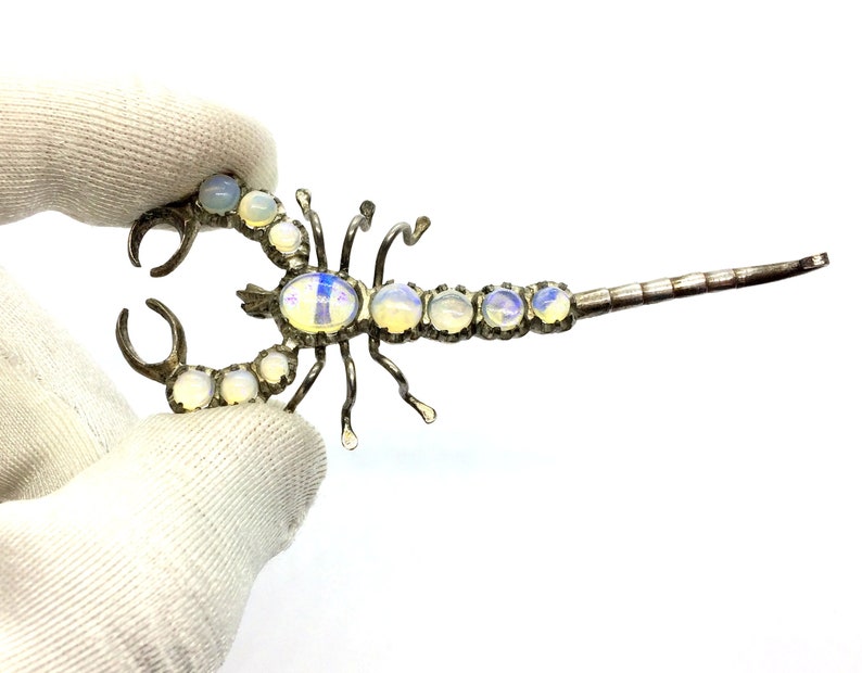 Antique Edwardian Silver Jelly Opal Scorpion Pin Brooch
