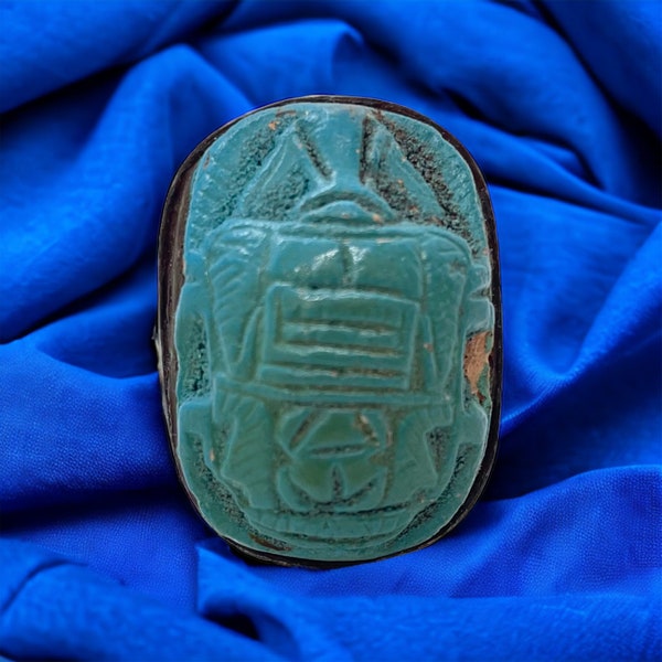 Antique Art Deco Egyptian Revival 800-Silver Blue Faience Scarab Beetle Ring Size – R