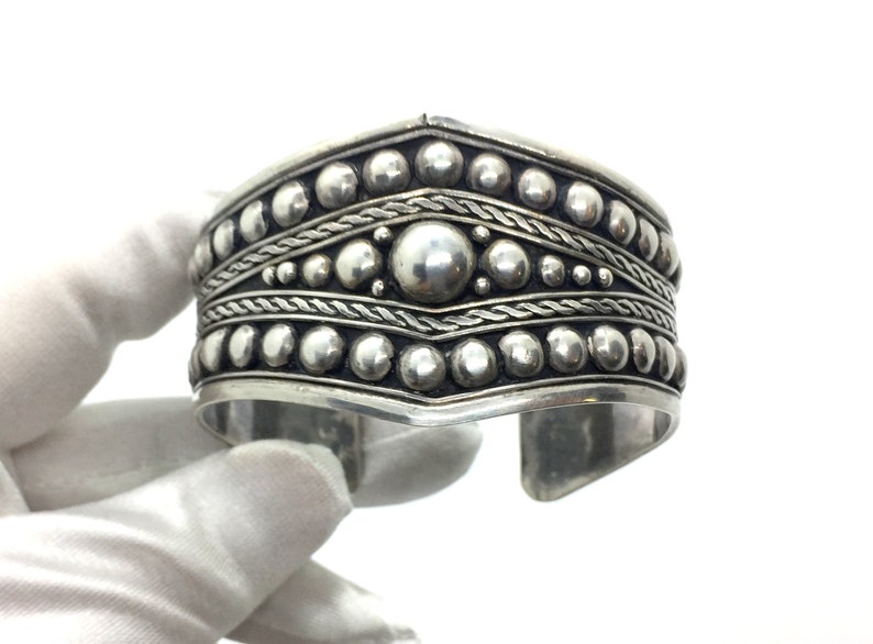 Vintage 70/'s Sterling Silver Modernist Era Ball Wide Cuff Bracelet