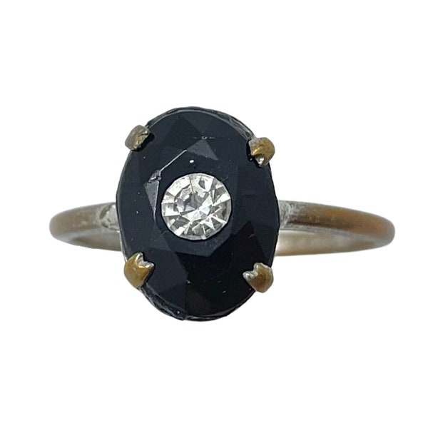 Antique Art Deco Silver-Plated Brass Onyx Glass & Clear Paste Ring Size – O