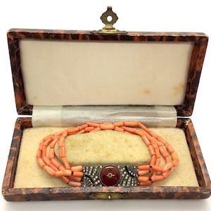 Antique French Art Deco Sterling Silver Paste Stone & Natural Coral Bracelet 画像 1