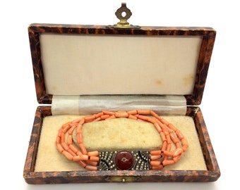 Antique French Art Deco Sterling Silver Paste Stone & Natural Coral Bracelet