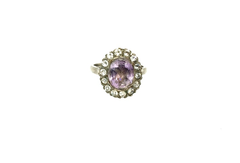 Antique Victorian Sterling Silver Natural Amethyst /& Clear Paste Stone Ring Size \u2013 OP