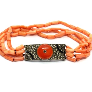 Antique French Art Deco Sterling Silver Paste Stone & Natural Coral Bracelet 画像 2