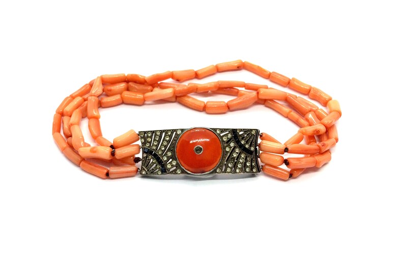 Antique French Art Deco Sterling Silver Paste Stone & Natural Coral Bracelet 画像 2