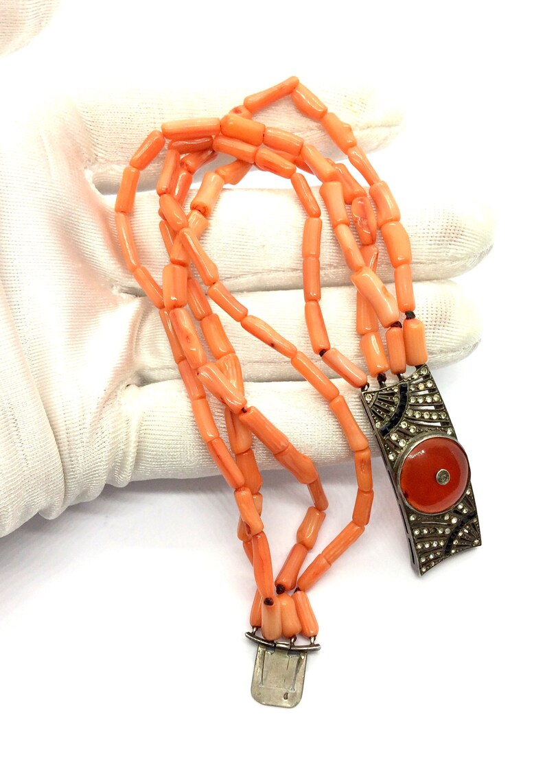 Antique French Art Deco Sterling Silver Paste Stone & Natural Coral Bracelet 画像 5