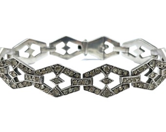 Antique Art Deco Era 935 Silver Clear Paste Geometric Style Link Bracelet