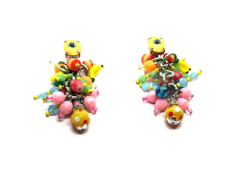 Vintage 1980/'s Costume Reminiscence Paris Glass Bead Clip On Dangle Earrings