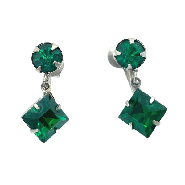 Antique Art Deco Silver-Tone Wiesner Emerald Green Glass Dangle Screw Back Earrings